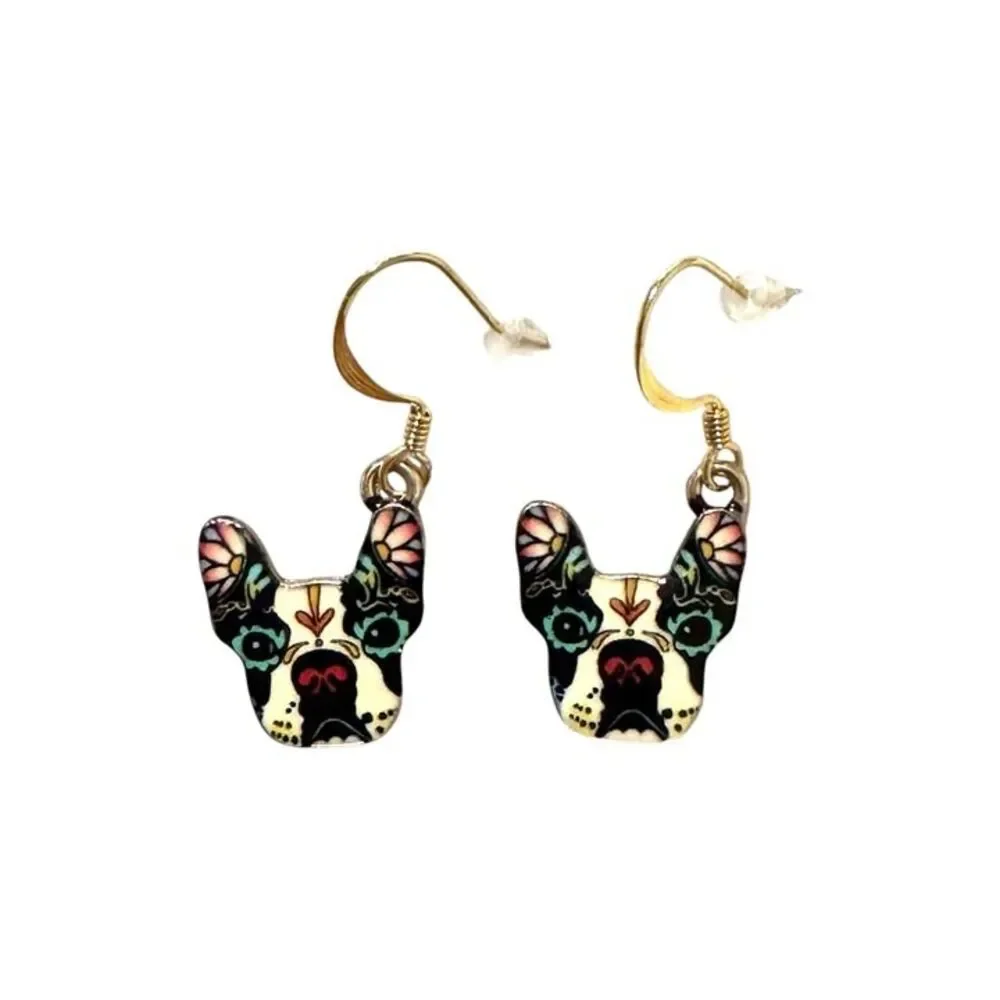Indio Jewelry Enamel French Bull Dog Stainless Steel Gold Earrings #2309